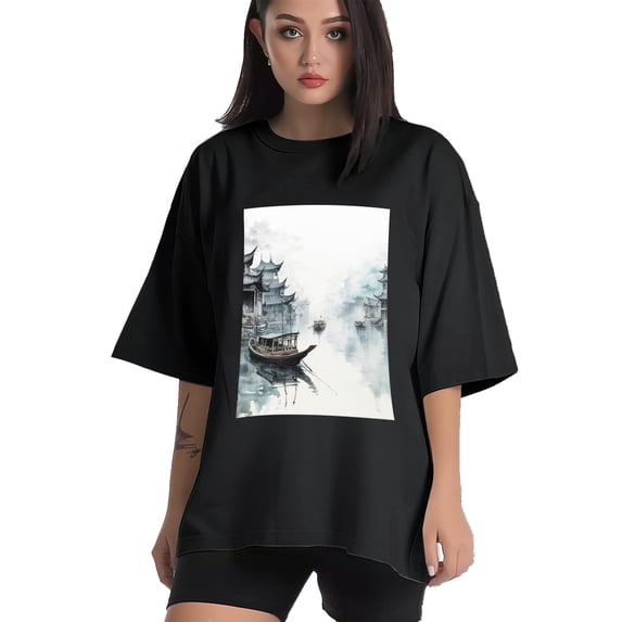 Plus Size Shirt for Women Black Tops for Women Short Sleeves Shirt for Women Ink And Wash Style2 T Shirt Crewneck Shirt for Women 4XL
