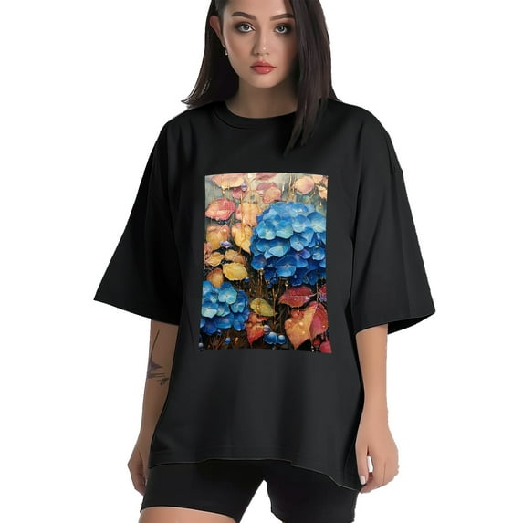 Plus Size Shirt for Women Black Tops for Women Short Sleeves Shirt for Women Iridescent Hydrangea T Shirt Crewneck Shirt for Women 2XL
