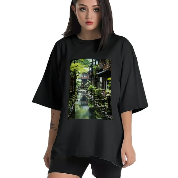 Plus Size Shirt for Women Black Tops for Women Short Sleeves Shirt for Women Japanese Attractions T Shirt Crewneck Shirt for Women 2XL