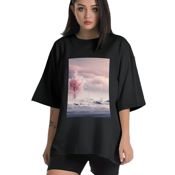 Plus Size Shirt for Women Black Tops for Women Short Sleeves Shirt for Women Landscapes3 T Shirt Crewneck Shirt for Women 2XL