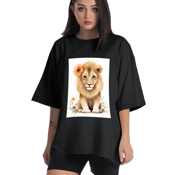 Plus Size Shirt for Women Black Tops for Women Short Sleeves Shirt for Women Lion T Shirt Crewneck Shirt for Women XL