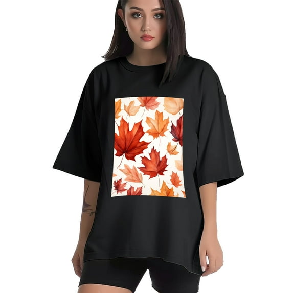 Plus Size Shirt for Women Black Tops for Women Short Sleeves Shirt for Women Maple Leaf T Shirt Crewneck Shirt for Women 5XL