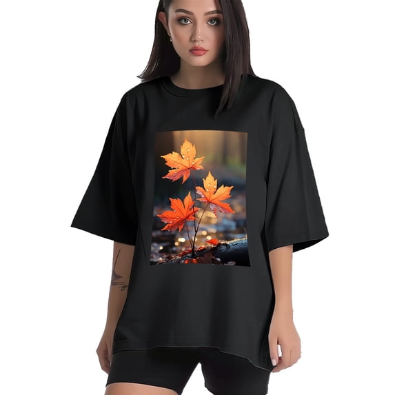 Plus Size Shirt for Women Black Tops for Women Short Sleeves Shirt for Women Maple Leaves T Shirt Crewneck Shirt for Women XS
