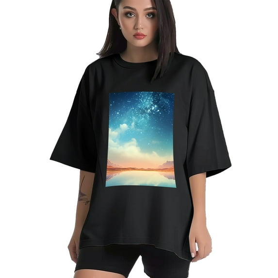 Plus Size Shirt for Women Black Tops for Women Short Sleeves Shirt for Women Milky Way Galaxy T Shirt Crewneck Shirt for Women XL