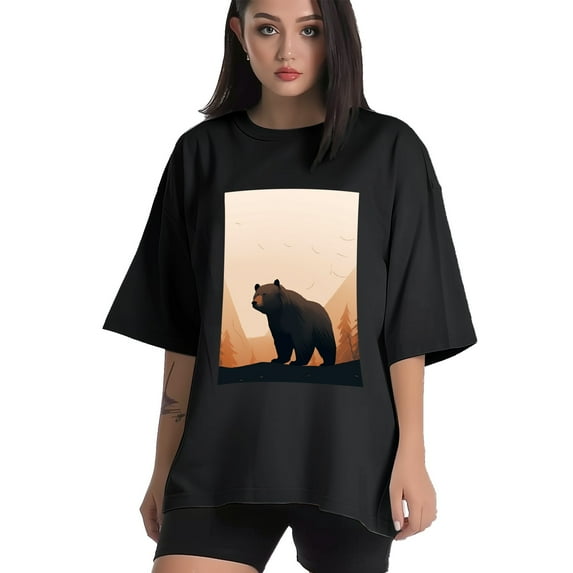 Plus Size Shirt for Women Black Tops for Women Short Sleeves Shirt for Women Minimalistic Line Art Bear In Forest T Shirt Crewneck Shirt for Women XL