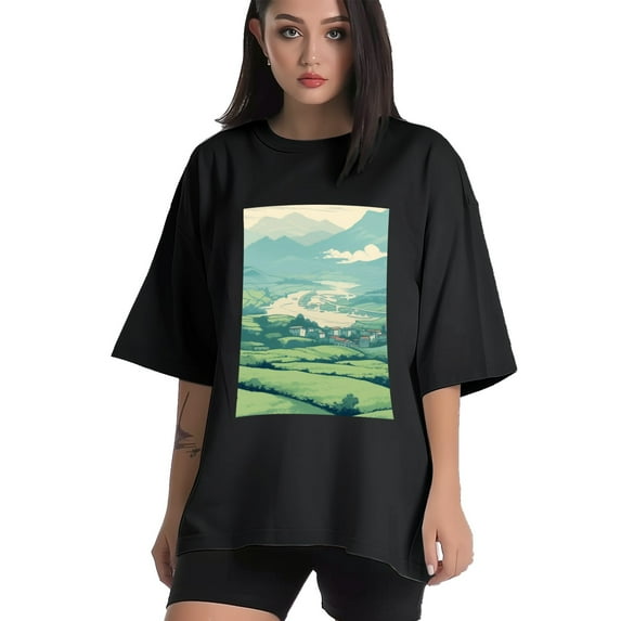 Plus Size Shirt for Women Black Tops for Women Short Sleeves Shirt for Women Mountain And Fields 2 T Shirt Crewneck Shirt for Women 4XL