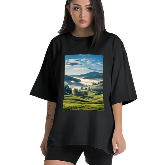 Plus Size Shirt for Women Black Tops for Women Short Sleeves Shirt for Women Mountain Landscape 2 T Shirt Crewneck Shirt for Women 2XL