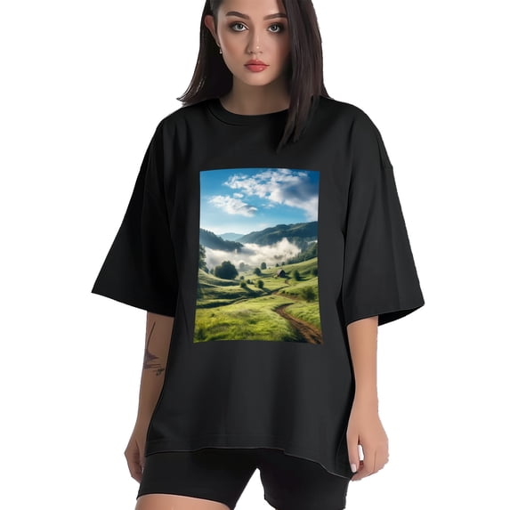 Plus Size Shirt for Women Black Tops for Women Short Sleeves Shirt for Women Mountain Landscape T Shirt Crewneck Shirt for Women 5XL