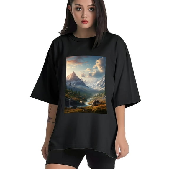 Plus Size Shirt for Women Black Tops for Women Short Sleeves Shirt for Women Mountain T Shirt Crewneck Shirt for Women XL