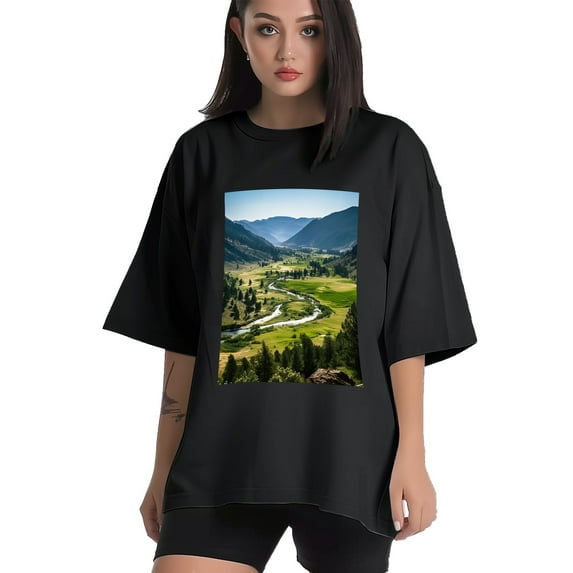 Plus Size Shirt for Women Black Tops for Women Short Sleeves Shirt for Women Mountain3 T Shirt Crewneck Shirt for Women 2XL