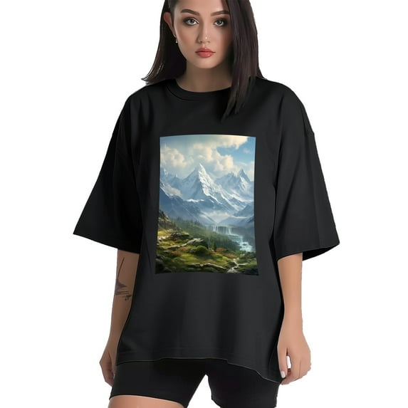 Plus Size Shirt for Women Black Tops for Women Short Sleeves Shirt for Women Mountainous (22) T Shirt Oversized Shirt for Women S