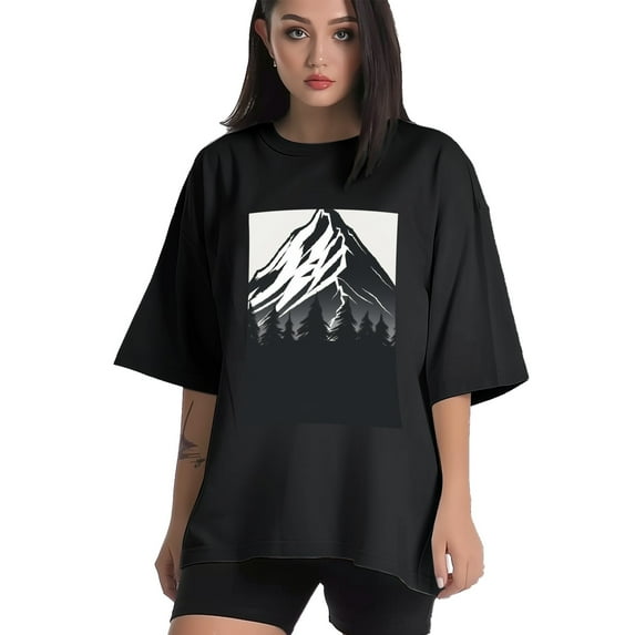 Plus Size Shirt for Women Black Tops for Women Short Sleeves Shirt for Women Mountains T Shirt Crewneck Shirt for Women 4XL