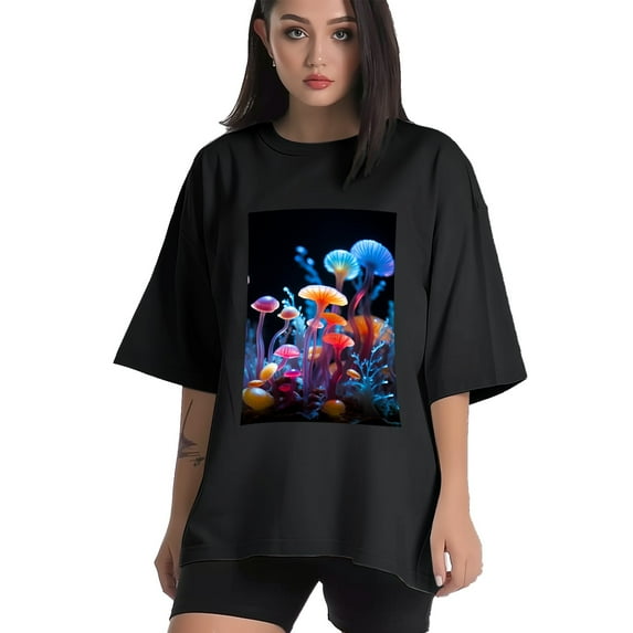 Plus Size Shirt for Women Black Tops for Women Short Sleeves Shirt for Women Mushroom2 T Shirt Crewneck Shirt for Women 2XL