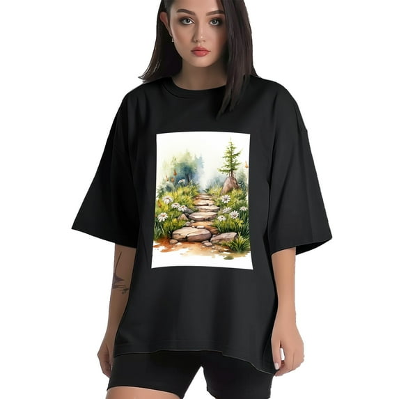 Plus Size Shirt for Women Black Tops for Women Short Sleeves Shirt for Women Nature Path3 T Shirt Crewneck Shirt for Women XL