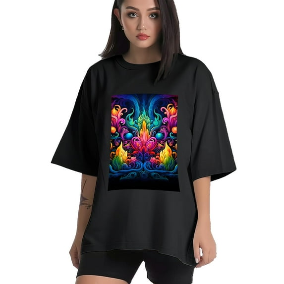 Plus Size Shirt for Women Black Tops for Women Short Sleeves Shirt for Women Neon Psychedelic Abstract2 T Shirt Crewneck Shirt for Women XL