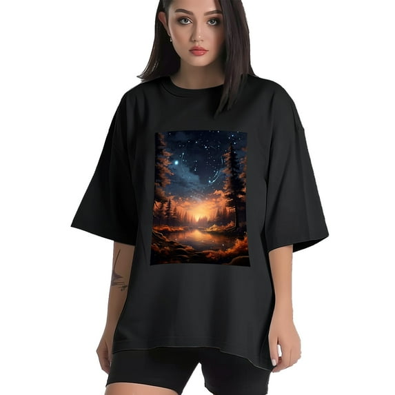 Plus Size Shirt for Women Black Tops for Women Short Sleeves Shirt for Women Night Sky T Shirt Crewneck Shirt for Women XL