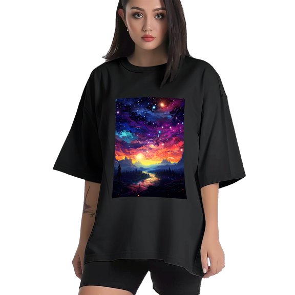 Plus Size Shirt for Women Black Tops for Women Short Sleeves Shirt for Women Night Sky T Shirt Crewneck Shirt for Women XS