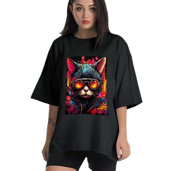 Plus Size Shirt for Women Black Tops for Women Short Sleeves Shirt for Women Oil Painting-Cat T Shirt Crewneck Shirt for Women XL