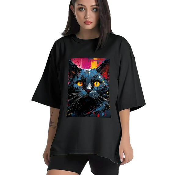 Plus Size Shirt for Women Black Tops for Women Short Sleeves Shirt for Women Oil Painting-Cat T Shirt Crewneck Shirt for Women XL