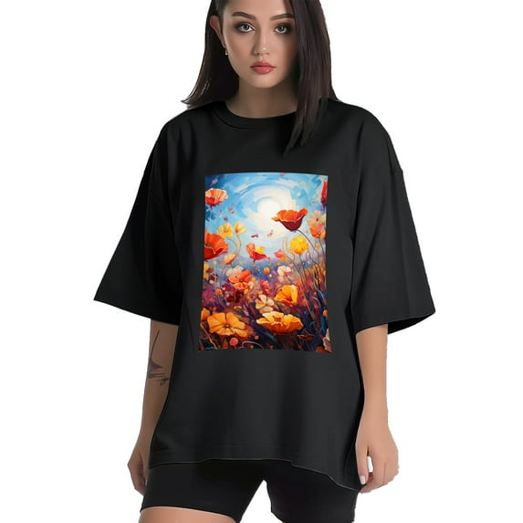Plus Size Shirt for Women Black Tops for Women Short Sleeves Shirt for Women Oil Painting Of Flowers 1 T Shirt Crewneck Shirt for Women XL