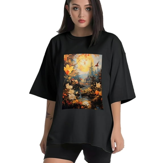 Plus Size Shirt for Women Black Tops for Women Short Sleeves Shirt for Women Oil Painting T Shirt Crewneck Shirt for Women XL