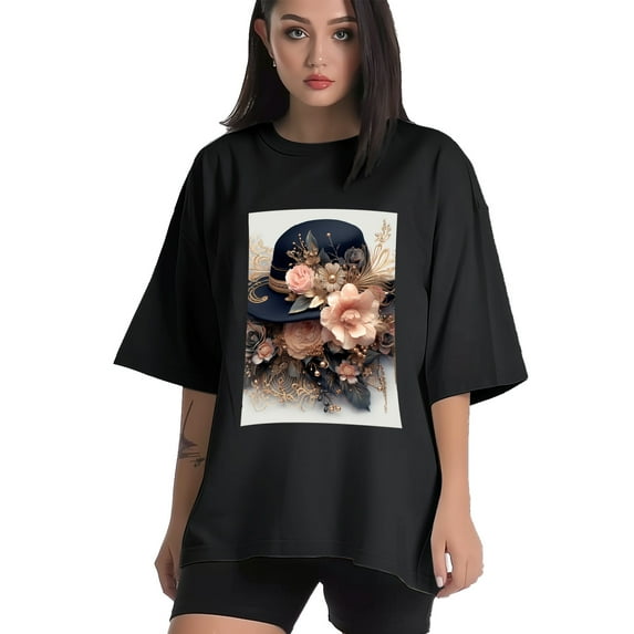 Plus Size Shirt for Women Black Tops for Women Short Sleeves Shirt for Women Opulent Romantic Hat T Shirt Crewneck Shirt for Women XL