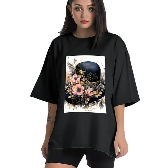 Plus Size Shirt for Women Black Tops for Women Short Sleeves Shirt for Women Opulent Romantic Hat T Shirt Crewneck Shirt for Women XL