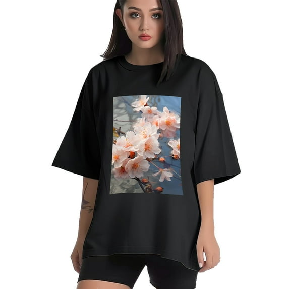 Plus Size Shirt for Women Black Tops for Women Short Sleeves Shirt for Women Peach Blossom T Shirt Crewneck Shirt for Women XL