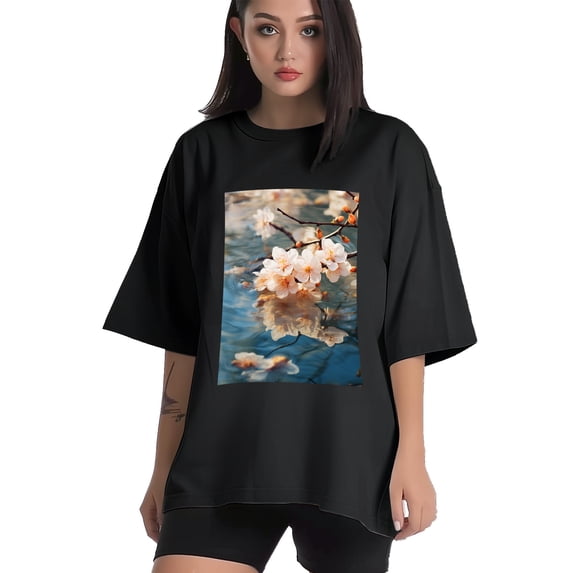 Plus Size Shirt for Women Black Tops for Women Short Sleeves Shirt for Women Peach Blossom2 T Shirt Crewneck Shirt for Women 2XL