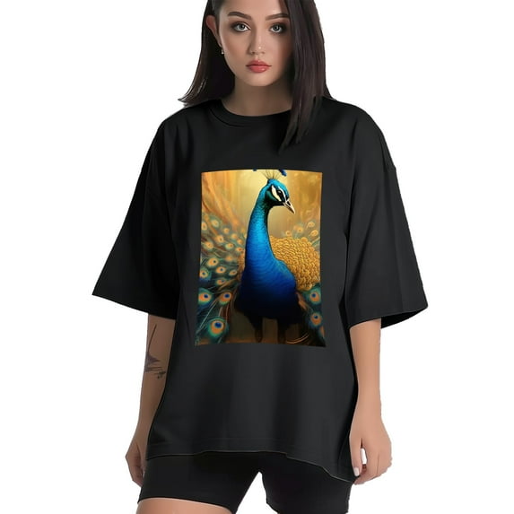 Plus Size Shirt for Women Black Tops for Women Short Sleeves Shirt for Women Peacock T Shirt Crewneck Shirt for Women 5XL