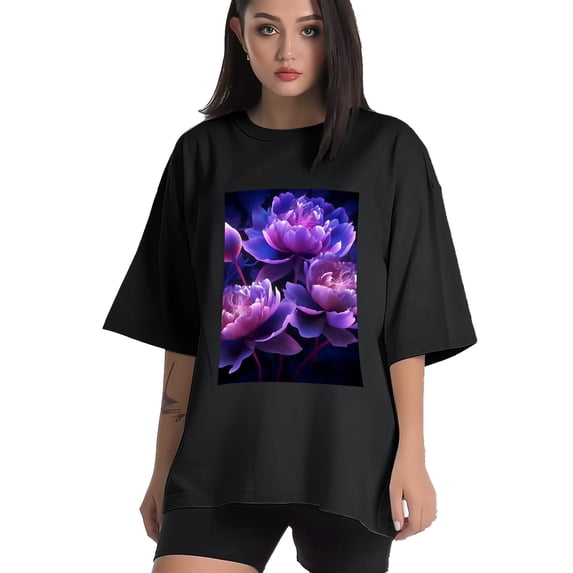 Plus Size Shirt for Women Black Tops for Women Short Sleeves Shirt for Women Peony Flower 3 T Shirt Crewneck Shirt for Women 5XL