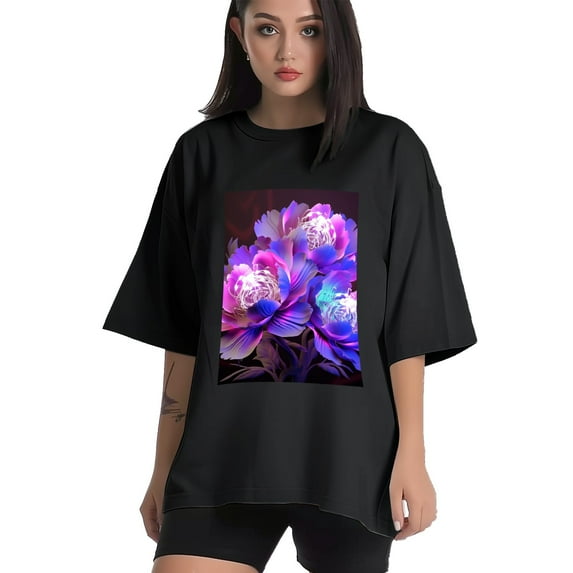 Plus Size Shirt for Women Black Tops for Women Short Sleeves Shirt for Women Peony Flower T Shirt Crewneck Shirt for Women 5XL