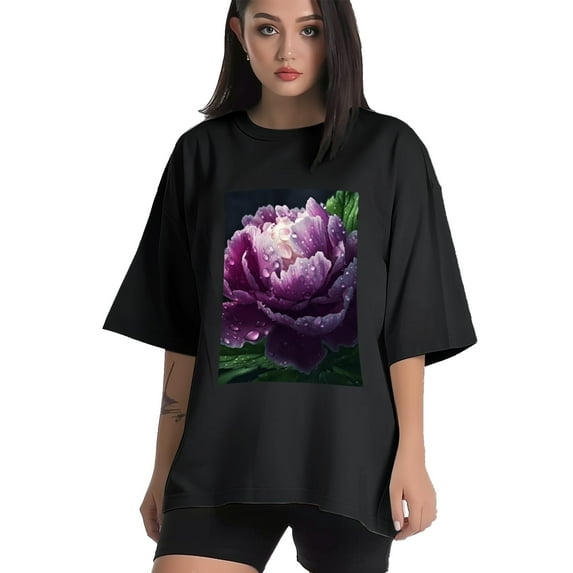 Plus Size Shirt for Women Black Tops for Women Short Sleeves Shirt for Women Peony Flower T Shirt Crewneck Shirt for Women XL