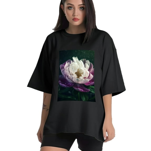 Plus Size Shirt for Women Black Tops for Women Short Sleeves Shirt for Women Peony Flower T Shirt Oversized Shirt for Women S