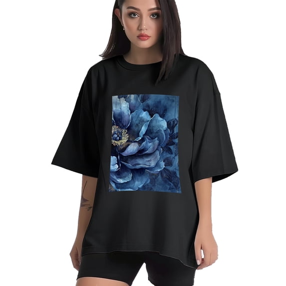 Plus Size Shirt for Women Black Tops for Women Short Sleeves Shirt for Women Peony T Shirt Crewneck Shirt for Women 4XL