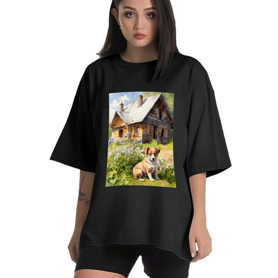 Plus Size Shirt for Women Black Tops for Women Short Sleeves Shirt for Women Puppy T Shirt Crewneck Shirt for Women XL