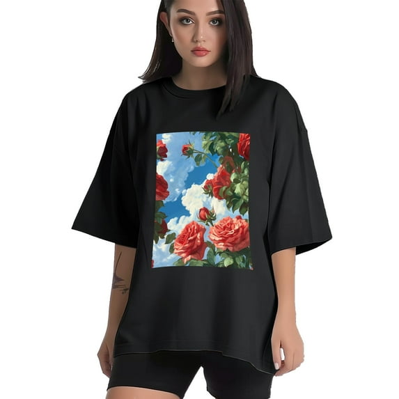 Plus Size Shirt for Women Black Tops for Women Short Sleeves Shirt for Women Red Rose T Shirt Oversized Shirt for Women S
