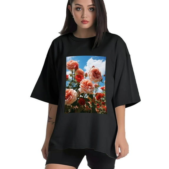 Plus Size Shirt for Women Black Tops for Women Short Sleeves Shirt for Women Red Roses Blue Sky T Shirt Crewneck Shirt for Women XS