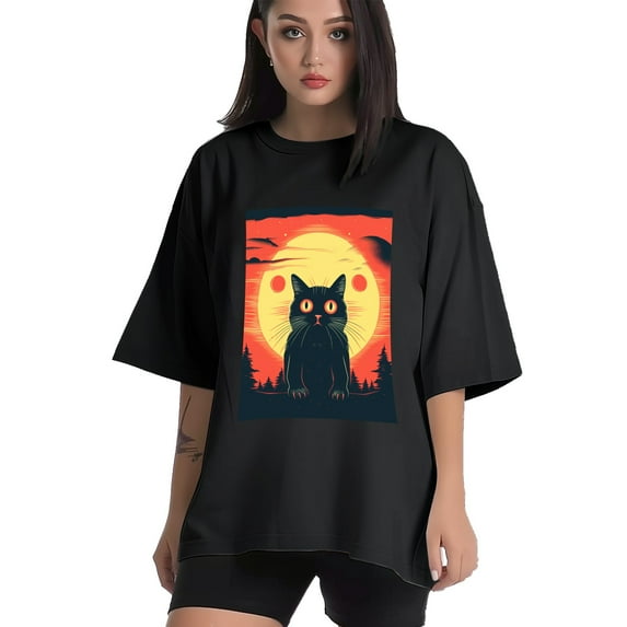 Plus Size Shirt for Women Black Tops for Women Short Sleeves Shirt for Women Retro Black Cat T Shirt Crewneck Shirt for Women XL