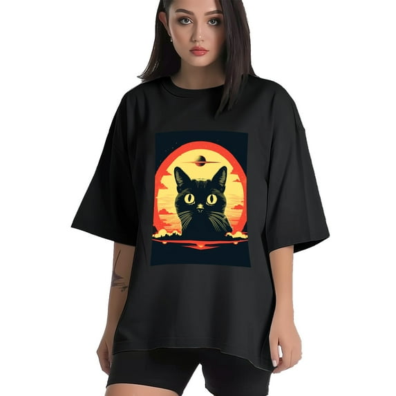 Plus Size Shirt for Women Black Tops for Women Short Sleeves Shirt for Women Retro Black Cat T Shirt Crewneck Shirt for Women XL
