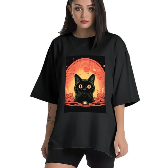 Plus Size Shirt for Women Black Tops for Women Short Sleeves Shirt for Women Retro Black Cat T Shirt Crewneck Shirt for Women XL
