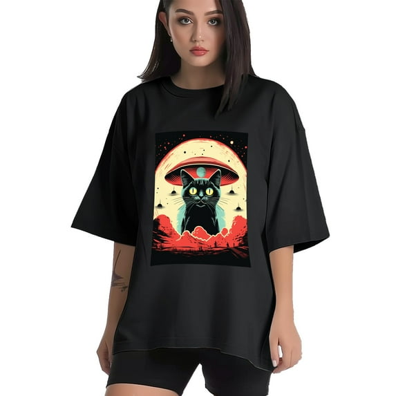 Plus Size Shirt for Women Black Tops for Women Short Sleeves Shirt for Women Retro Black Cat T Shirt Crewneck Shirt for Women XS
