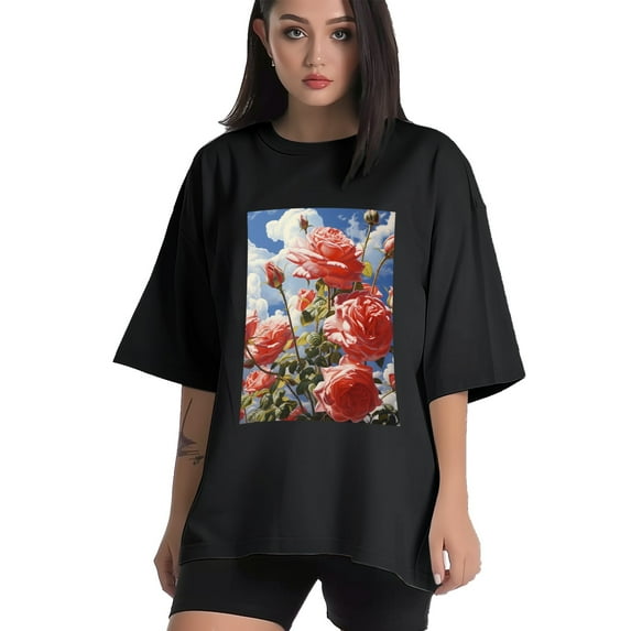 Plus Size Shirt for Women Black Tops for Women Short Sleeves Shirt for Women Rose T Shirt Crewneck Shirt for Women 4XL