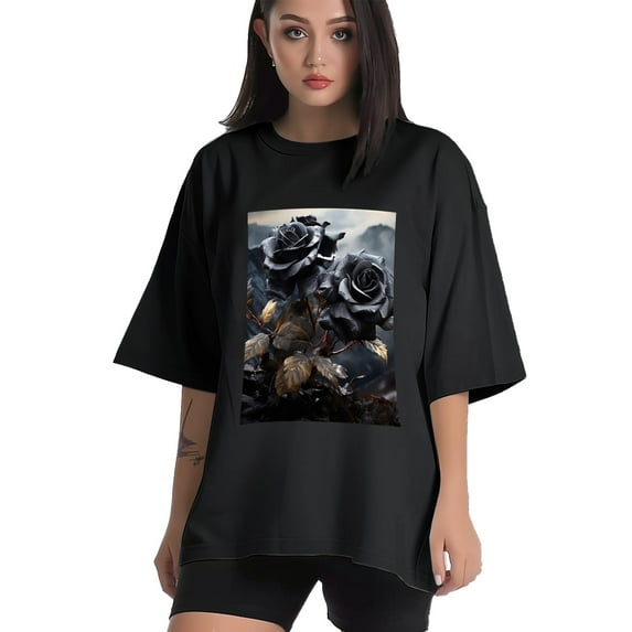 Plus Size Shirt for Women Black Tops for Women Short Sleeves Shirt for Women Roses T Shirt Crewneck Shirt for Women XL