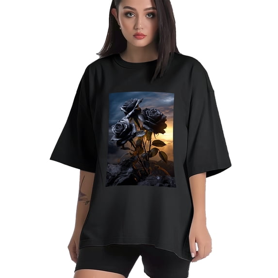 Plus Size Shirt for Women Black Tops for Women Short Sleeves Shirt for Women Roses T Shirt Crewneck Shirt for Women XL