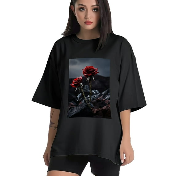 Plus Size Shirt for Women Black Tops for Women Short Sleeves Shirt for Women Roses T Shirt Crewneck Shirt for Women XS