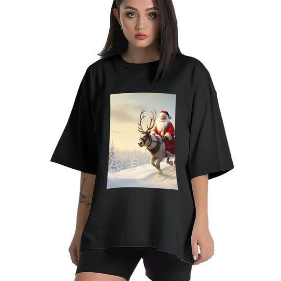 Plus Size Shirt for Women Black Tops for Women Short Sleeves Shirt for Women Santa Claus And Reindeer 2 T Shirt Crewneck Shirt for Women 4XL