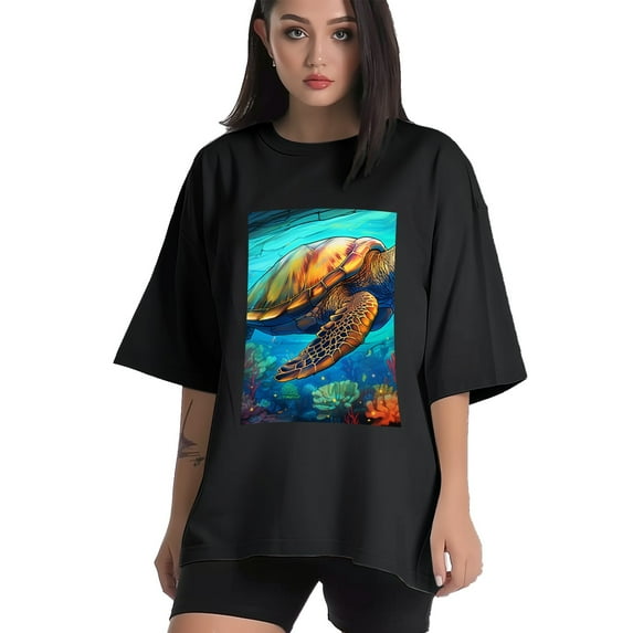 Plus Size Shirt for Women Black Tops for Women Short Sleeves Shirt for Women Sea Turtle 3 T Shirt Crewneck Shirt for Women 2XL