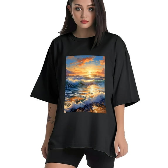 Plus Size Shirt for Women Black Tops for Women Short Sleeves Shirt for Women Sea Wave T Shirt Crewneck Shirt for Women XL