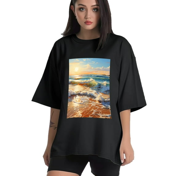 Plus Size Shirt for Women Black Tops for Women Short Sleeves Shirt for Women Sea Wave T Shirt Crewneck Shirt for Women XL